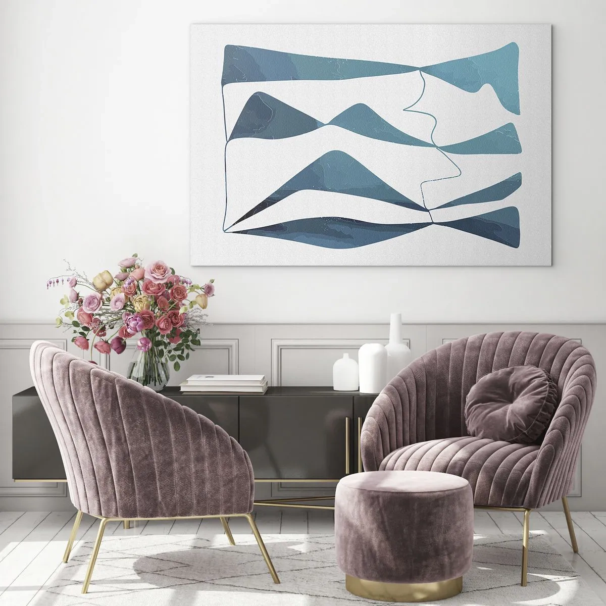 Glasbild - Bild auf glas - Türkisfarbene Wellen und Formen auf weißem Hintergrund - 100x70cm - Abstraktion: türkisfarbene Verbindung - Moderne Wanddekoration für Wohnzimmer und Schlafzimmer ARTTOR