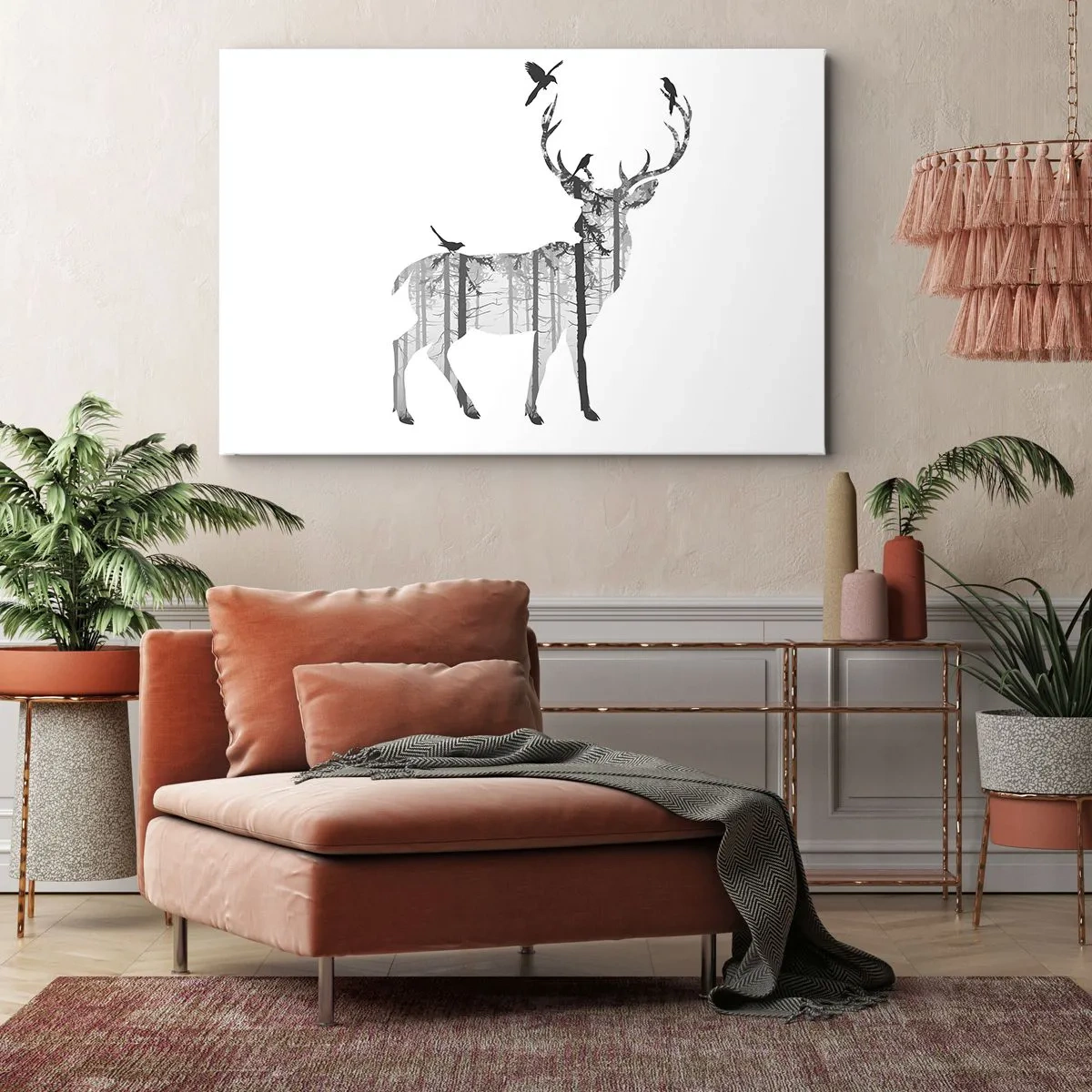 Bild auf Leinwand - Leinwandbild - Silhouette eines Hirsches mit Wald und Vögeln - 70x50cm - Guter Waldgeist - Moderne Wanddekoration für Wohnzimmer und Schlafzimmer ARTTOR
