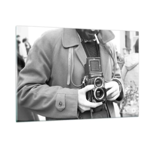Glasbild - Bild auf glas - Schwarz-Weiß-Foto eines Mannes mit einer analogen Kamera - 120x80cm - Retro-Stil - Moderne Wanddekoration für Wohnzimmer und Schlafzimmer ARTTOR