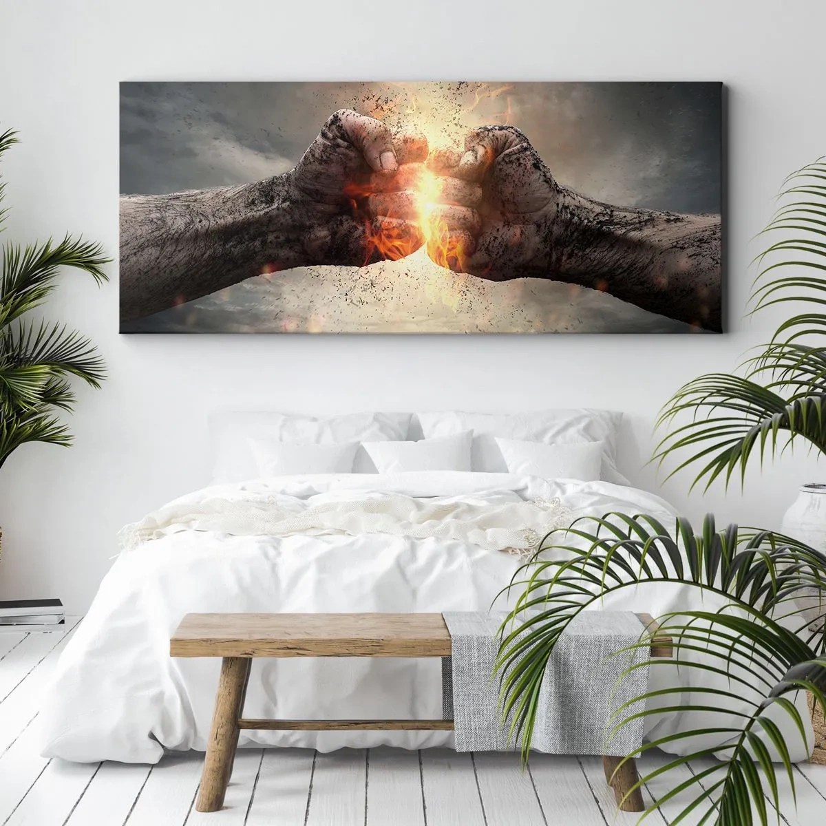 Bild auf Leinwand - Leinwandbild - Geballte Fäuste in einer dynamischen Brandszene - 140x50cm - Steh auf für einen Kampf - Moderne Wanddekoration für Wohnzimmer und Schlafzimmer ARTTOR