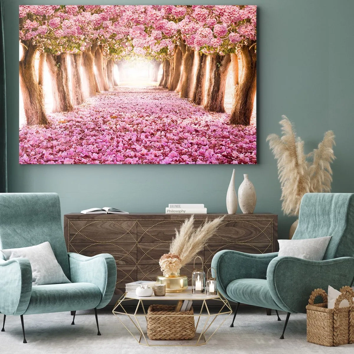 Bild auf Leinwand - Leinwandbild - Eine Allee blühender Bäume in Rosatönen - 100x70cm - Der Weg ins Paradies - Moderne Wanddekoration für Wohnzimmer und Schlafzimmer ARTTOR