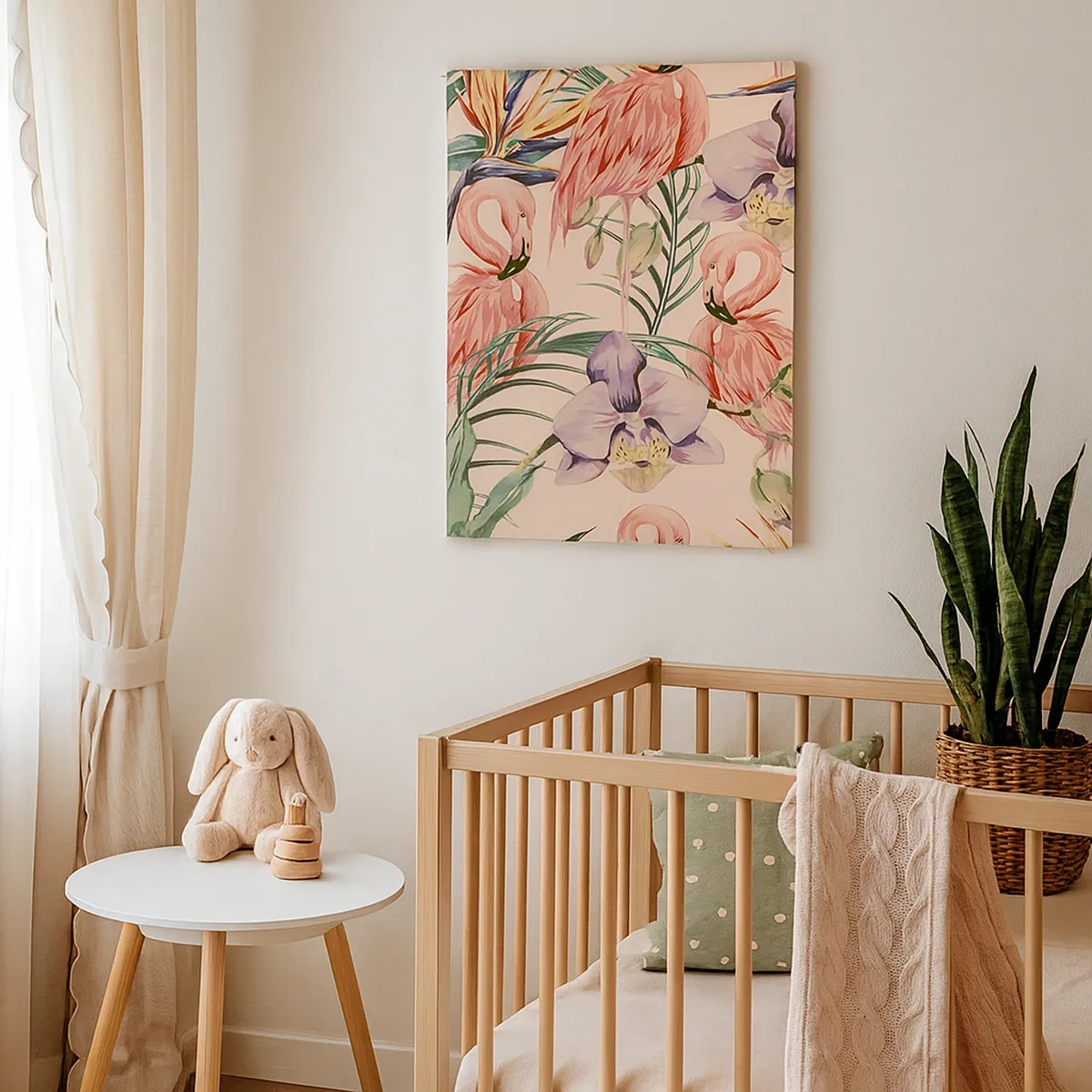 Bild auf Leinwand - Leinwandbild - Flamingos und tropische Blumen auf hellem Hintergrund - 50x70cm - Rosa Ballett in Blumen - Moderne Wanddekoration für Wohnzimmer und Schlafzimmer ARTTOR