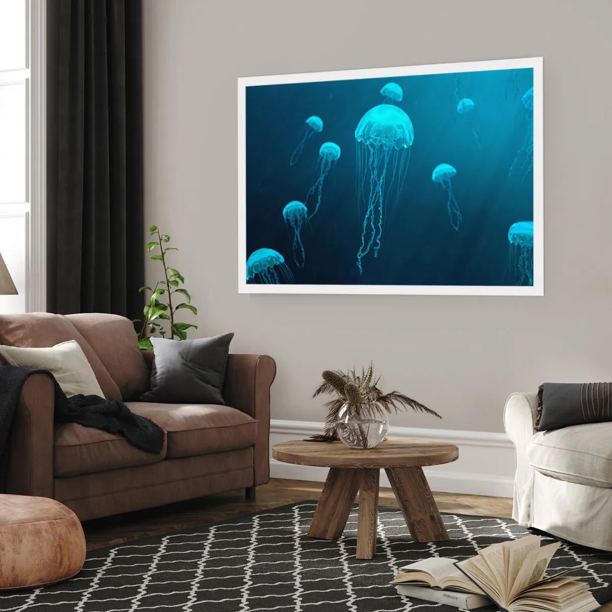 Poster - Quallen schwimmen in den Tiefen des Ozeans in Blautönen - 100x70cm - Ozeantanz - Moderne Wanddekoration für Wohnzimmer und Schlafzimmer ARTTOR