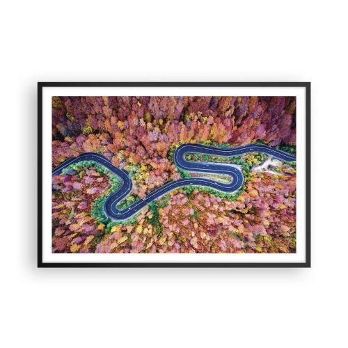 Poster in einem schwarzem Rahmen - Kurvenreicher Weg durch den Wald - 91x61 cm