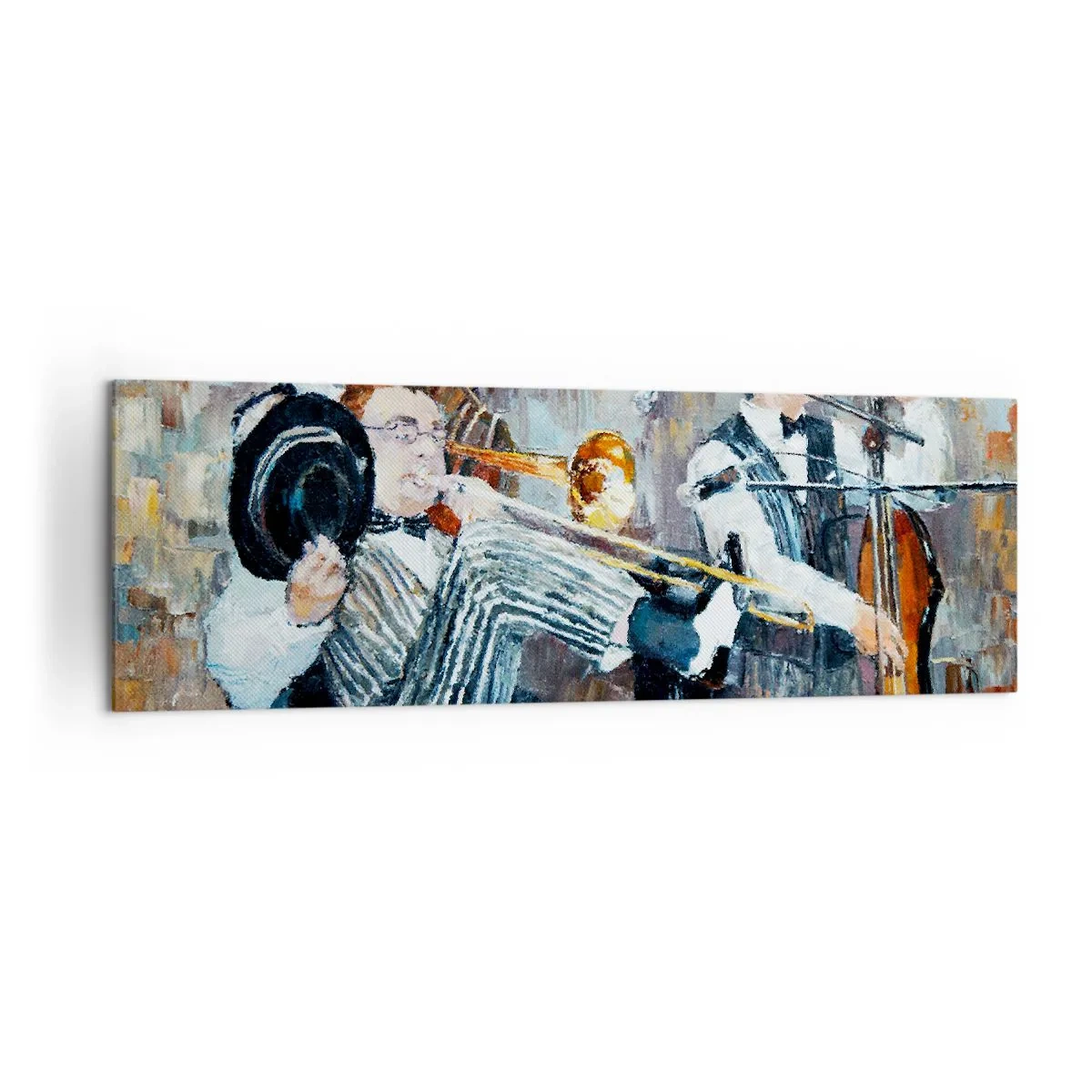 Bild auf Leinwand - Leinwandbild - Jazzmusiker im malerischen Stil während eines Konzerts - 160x50cm - Der ganze Jazz - Moderne Wanddekoration für Wohnzimmer und Schlafzimmer ARTTOR