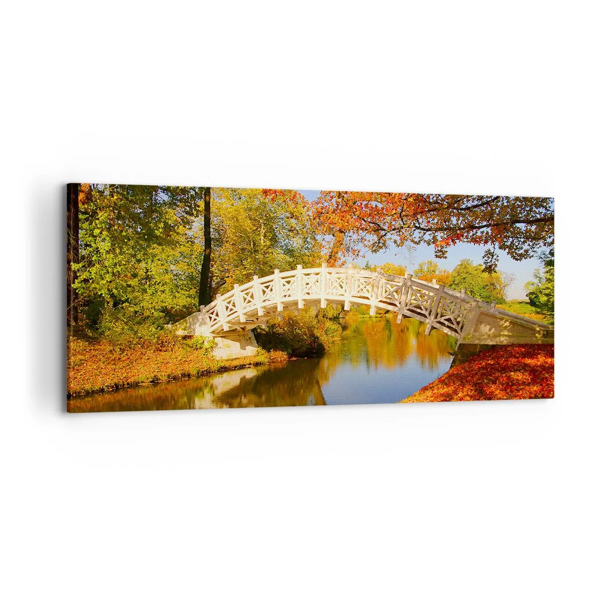Bild auf Leinwand - Leinwandbild - Eine Brücke in einem Park, umgeben von Herbstlaub über ruhigem Wasser - 120x50cm - Auf der weißen Seufzerbrücke - Moderne Wanddekoration für Wohnzimmer und Schlafzimmer ARTTOR