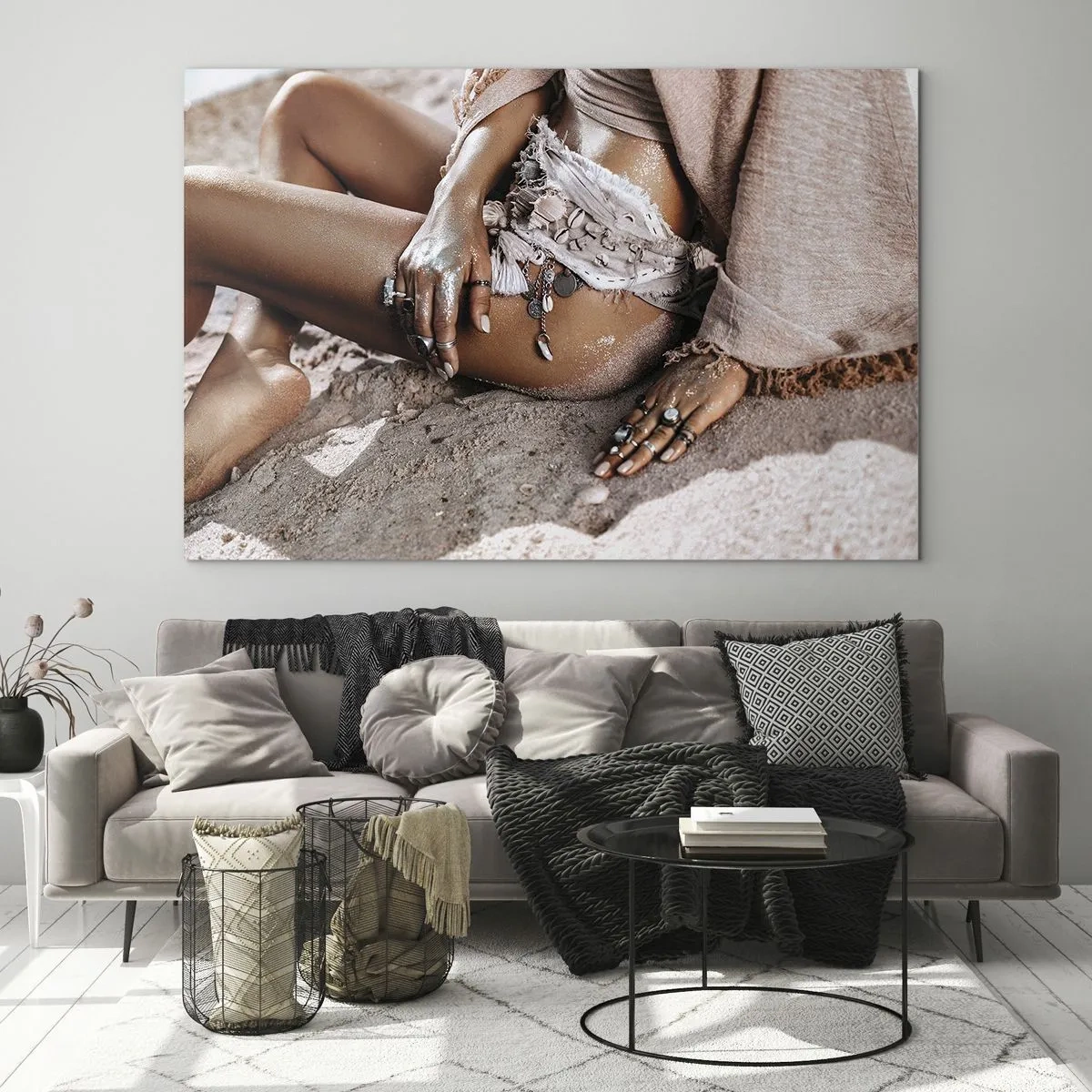 Glasbild - Bild auf glas - Weibliche Silhouette an einem Sandstrand - 120x80cm - Von den Wellen geworfen? - Moderne Wanddekoration für Wohnzimmer und Schlafzimmer ARTTOR