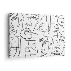 Bild auf Leinwand - Leinwandbild - Eine minimalistische Zeichnung eines Gesichts mit Linien auf hellem Hintergrund. - 70x50cm - In verworrenen Gefühlen - Moderne Wanddekoration für Wohnzimmer und Schlafzimmer ARTTOR