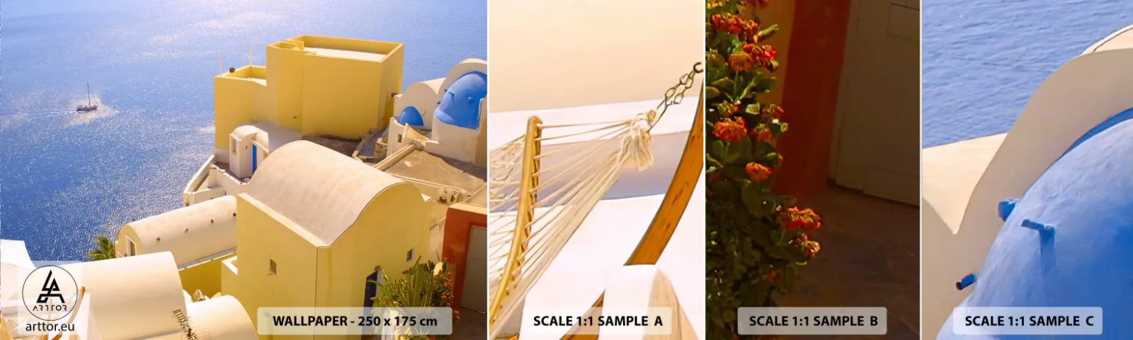 Fototapetenmuster Standard Eco - Griechische Landschaft in Weiß und Blau - Landschaft, Santorin, Griechenland - 100x30 cm