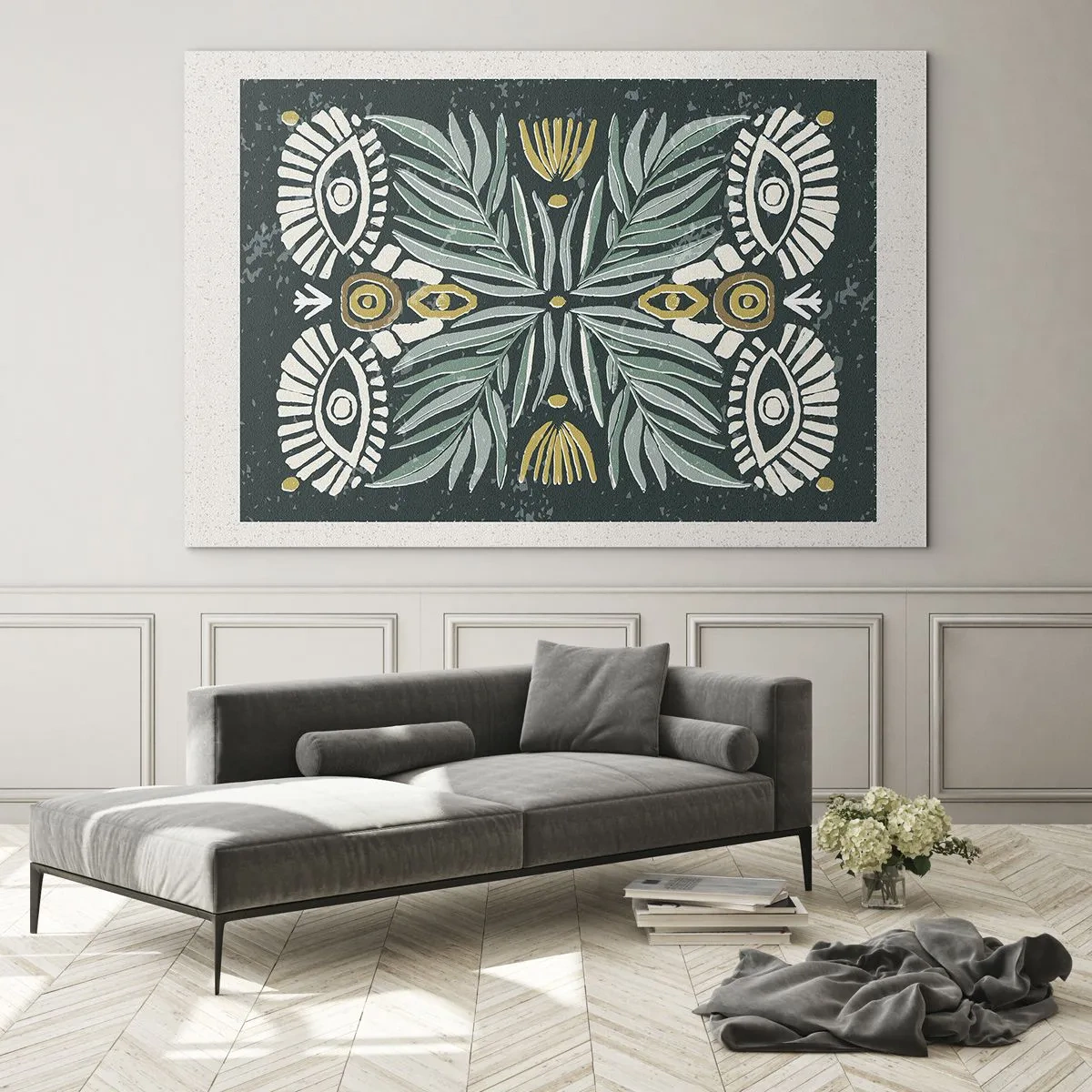 Glasbild - Bild auf glas - Eine symmetrische Komposition aus Blättern und Mustern im Folk-Stil - 70x50cm - Wie ein Volksausschnitt - Moderne Wanddekoration für Wohnzimmer und Schlafzimmer ARTTOR