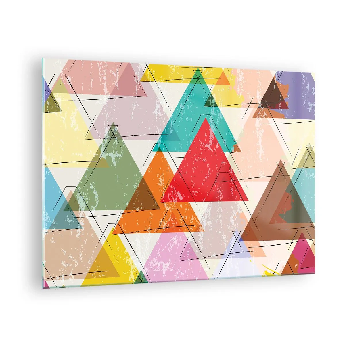 Glasbild - Bild auf glas - Abstraktes Muster aus Dreiecken in verschiedenen Farben - 70x50cm - Drei mal drei - Moderne Wanddekoration für Wohnzimmer und Schlafzimmer ARTTOR