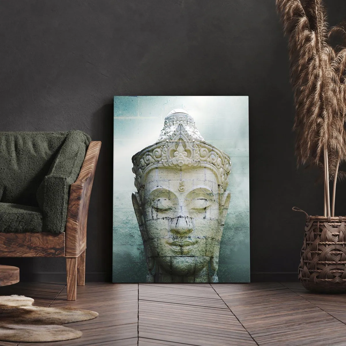 Bild auf Leinwand - Leinwandbild - Buddha-Statue mit sanftem Nebel vor grünem Hintergrund - 70x100cm - Auf der Suche nach dem Licht - Moderne Wanddekoration für Wohnzimmer und Schlafzimmer ARTTOR