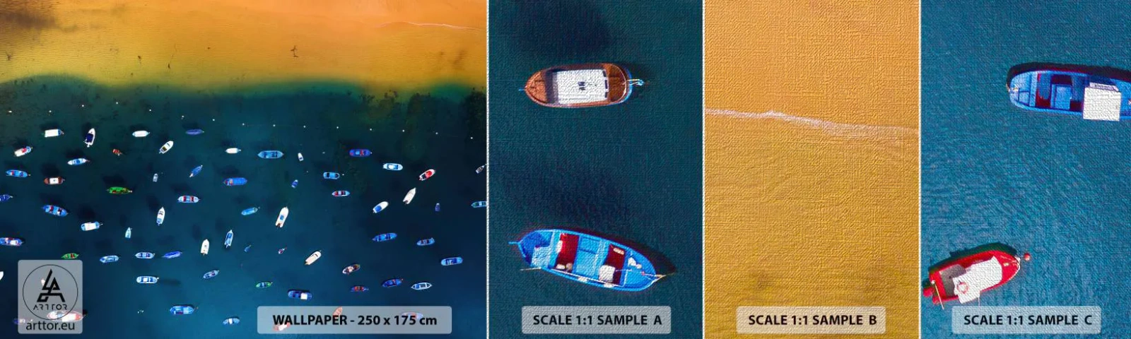 Fototapeten Muster Premium Canvas - Feiertagsspiel - Boote, Strand, Küste - 100x30 cm