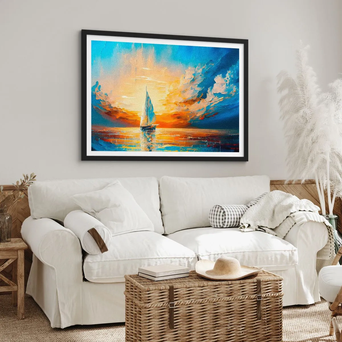 Poster in einem schwarzem Rahmen - Ein Segelboot vor der Kulisse der untergehenden Sonne und bunten Wolken - 70x50cm - In Gold segeln - Moderne Wanddekoration für Wohnzimmer und Schlafzimmer ARTTOR