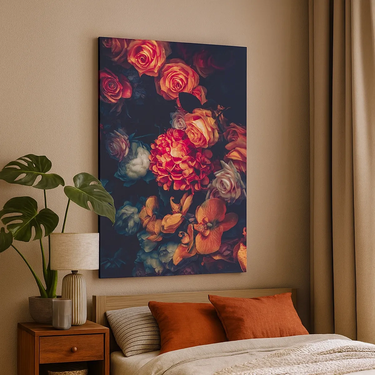 Bild auf Leinwand - Leinwandbild - Ein Strauß verschiedener Blumen in dunklen Tönen - 50x70cm - Wie bei den holländischen Meistern - Moderne Wanddekoration für Wohnzimmer und Schlafzimmer ARTTOR