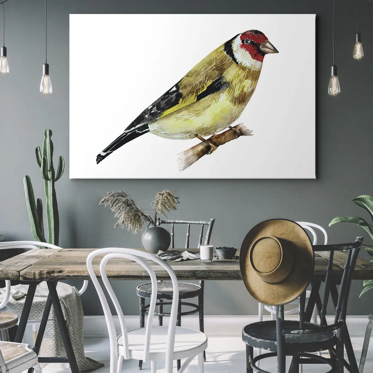 Bild auf Leinwand - Leinwandbild - Ein Vogel mit rotem Kopf auf einem Ast - 70x50cm - Vogelporträt - Moderne Wanddekoration für Wohnzimmer und Schlafzimmer ARTTOR
