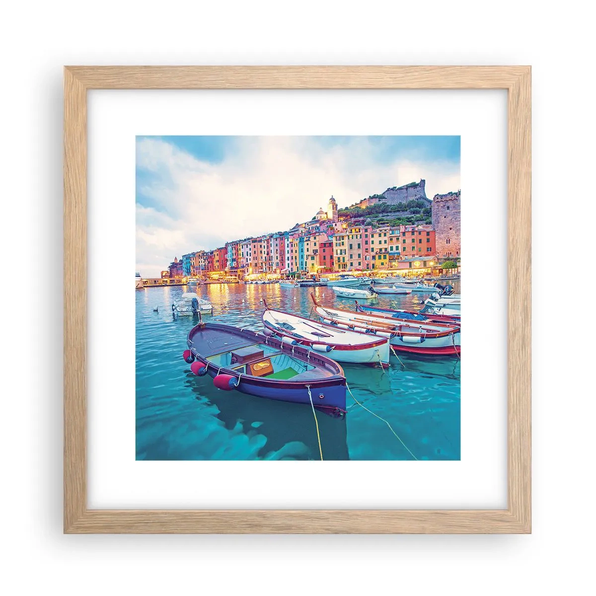 Poster in einem Rahmen aus heller Eiche - Bunter Abend im Hafen - 30x30 cm