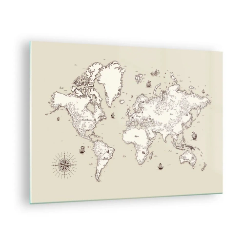 Glasbild - Bild auf glas - Eine stilisierte Weltkarte in einer klassischen Version - 70x50cm - Reise um die Welt - Moderne Wanddekoration für Wohnzimmer und Schlafzimmer ARTTOR