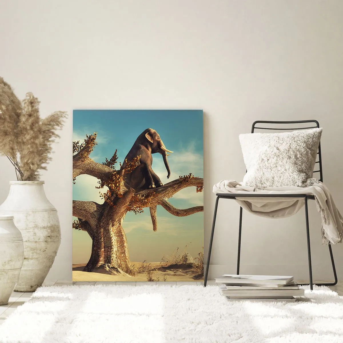 Glasbild - Bild auf glas - Ein Elefant sitzt auf einem Baum in einer surrealen Landschaft - 80x120cm - Ein neuer Standpunkt - Moderne Wanddekoration für Wohnzimmer und Schlafzimmer ARTTOR