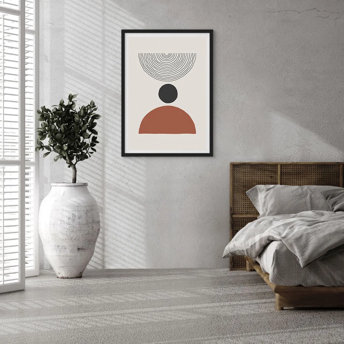Poster in einem schwarzem Rahmen - Geometrisches Motiv mit Halbkreis und Linien auf hellem Hintergrund - 50x70cm - Das Zentrum der Aufmerksamkeit - Moderne Wanddekoration für Wohnzimmer und Schlafzimmer ARTTOR