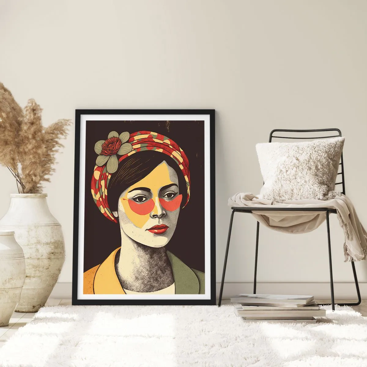 Poster in einem schwarzem Rahmen - Stilisiertes Porträt einer Frau mit Turban und floralem Akzent - 50x70cm - Korallendame - Moderne Wanddekoration für Wohnzimmer und Schlafzimmer ARTTOR