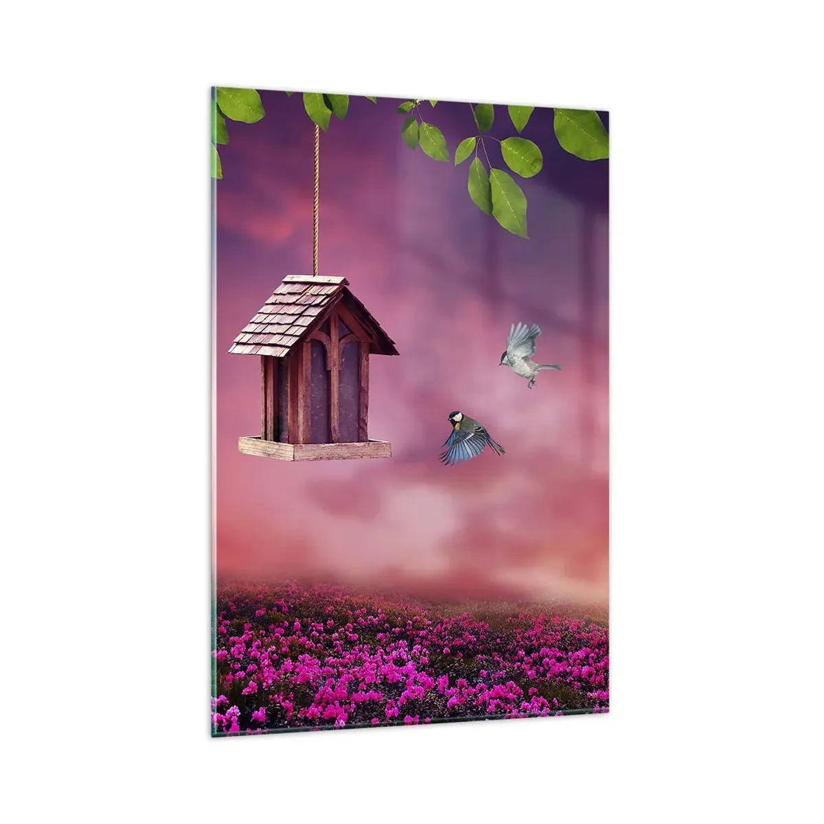 Glasbild - Bild auf glas - Eine malerische Landschaft mit einem Vogelhaus und einem Sonnenuntergang - 80x120cm - Einladung zum Abendessen - Moderne Wanddekoration für Wohnzimmer und Schlafzimmer ARTTOR