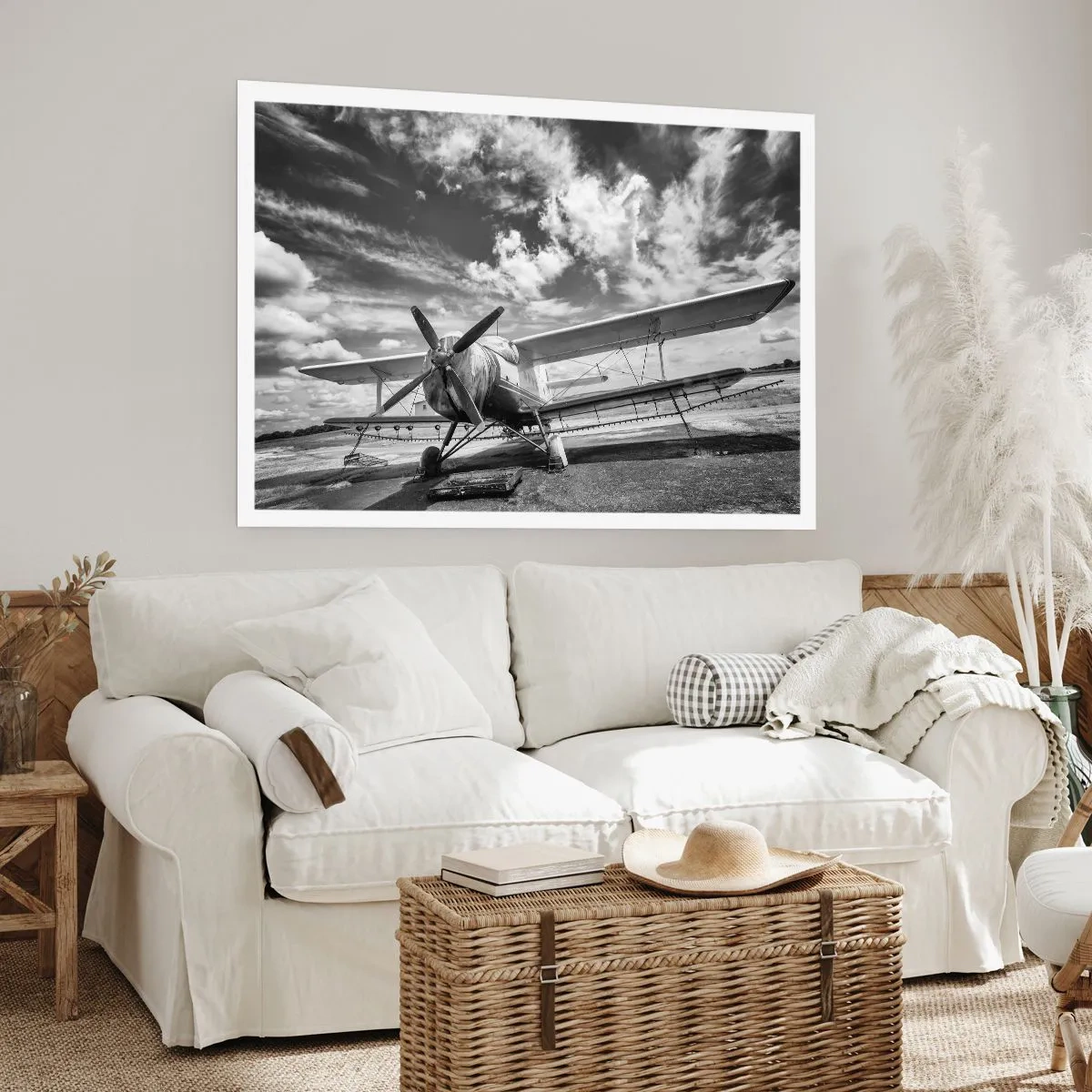 Poster - Ein altes Flugzeug auf dem Flughafen in Schwarz und Weiß - 100x70cm - Ich kann es kaum erwarten! - Moderne Wanddekoration für Wohnzimmer und Schlafzimmer ARTTOR