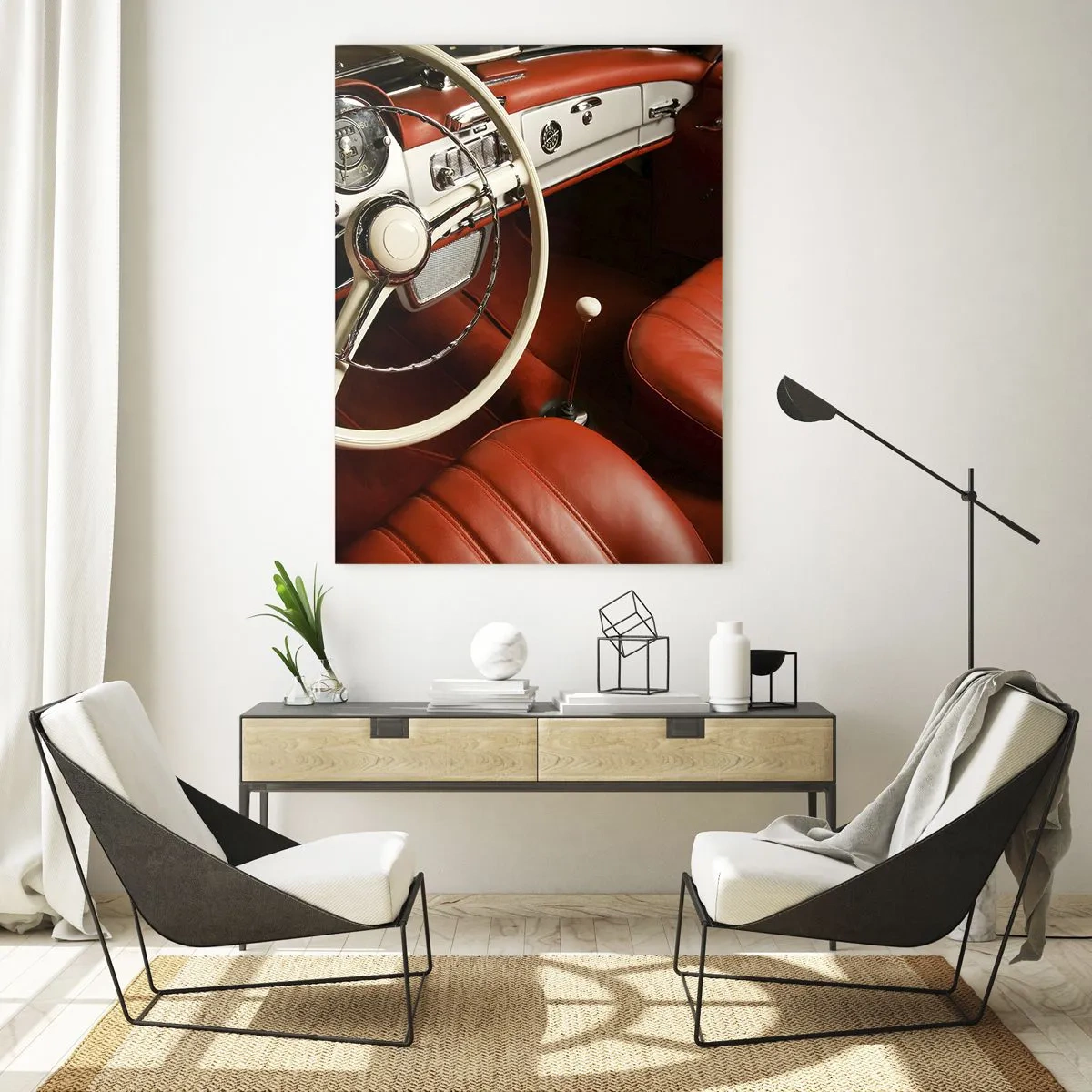 Glasbild - Bild auf glas - Oldtimer-Innenraum mit roten Sitzen - 50x70cm - Luxus im Vintagestil - Moderne Wanddekoration für Wohnzimmer und Schlafzimmer ARTTOR