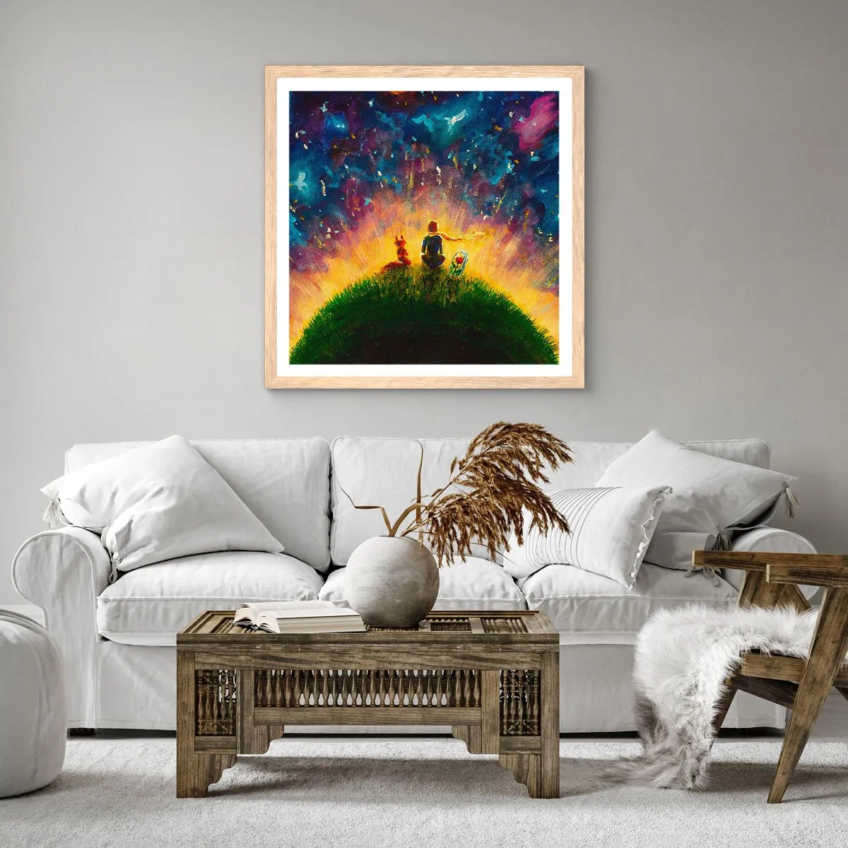 Poster in einem Rahmen aus heller Eiche - Liebe und Freundschaft - die ganze Welt - 40x40 cm