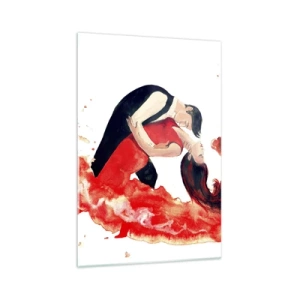 Glasbild - Bild auf glas - Ein dynamisches Aquarellgemälde eines tanzenden Paares in roten Farben. - 70x100cm - Tango - eine sinnliche Welle - Moderne Wanddekoration für Wohnzimmer und Schlafzimmer ARTTOR