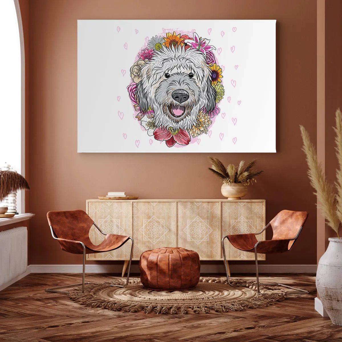 Bild auf Leinwand - Leinwandbild - Ein Hund umgeben von bunten Blumen - 70x50cm - Welpenfreude - Moderne Wanddekoration für Wohnzimmer und Schlafzimmer ARTTOR