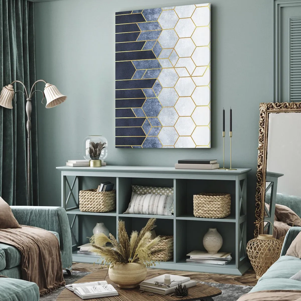 Bild auf Leinwand - Leinwandbild - Geometrisches Muster in Gold- und Marineblautönen - 50x70cm - Komposition im synkopischen Rhythmus - Moderne Wanddekoration für Wohnzimmer und Schlafzimmer ARTTOR