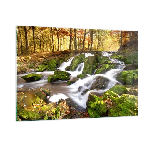 Glasbild - Bild auf glas - Ein Waldbach mit Wasserfällen in einer herbstlichen Landschaft - 120x80cm - Rasch durch den herbstlichen Wald - Moderne Wanddekoration für Wohnzimmer und Schlafzimmer ARTTOR