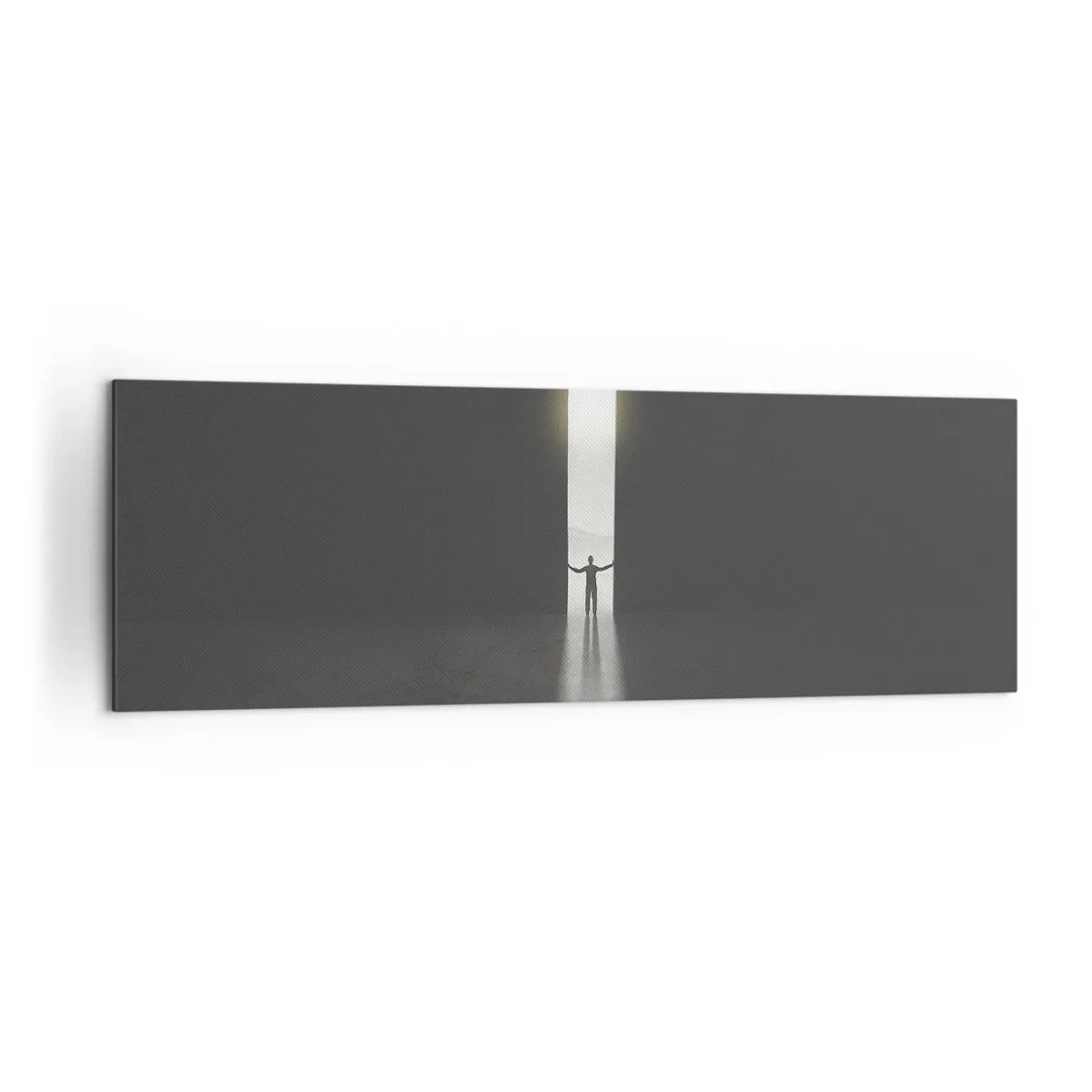 Bild auf Leinwand - Leinwandbild - Ein Mann steht im Licht eines schmalen Schlitzes in einem dunklen Raum - 160x50cm - Ein Schritt in eine strahlende Zukunft - Moderne Wanddekoration für Wohnzimmer und Schlafzimmer ARTTOR