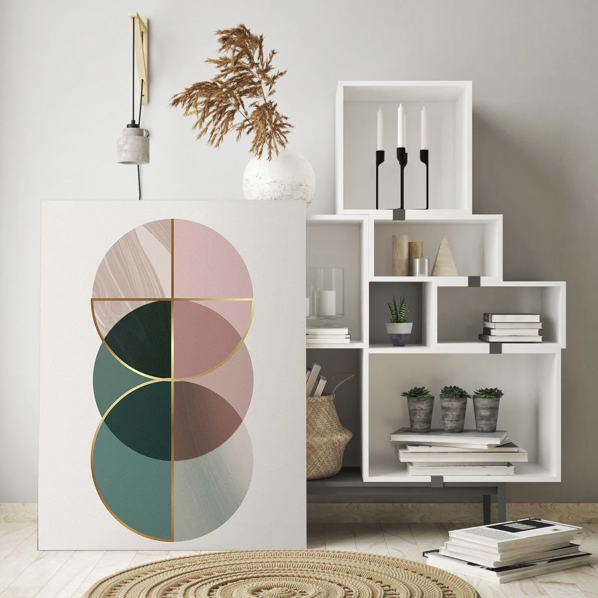 Glasbild - Bild auf glas - Eine abstrakte Komposition aus geometrischen Formen und goldenen Linien. - 70x100cm - Ein Rad hinter dem anderen… - Moderne Wanddekoration für Wohnzimmer und Schlafzimmer ARTTOR