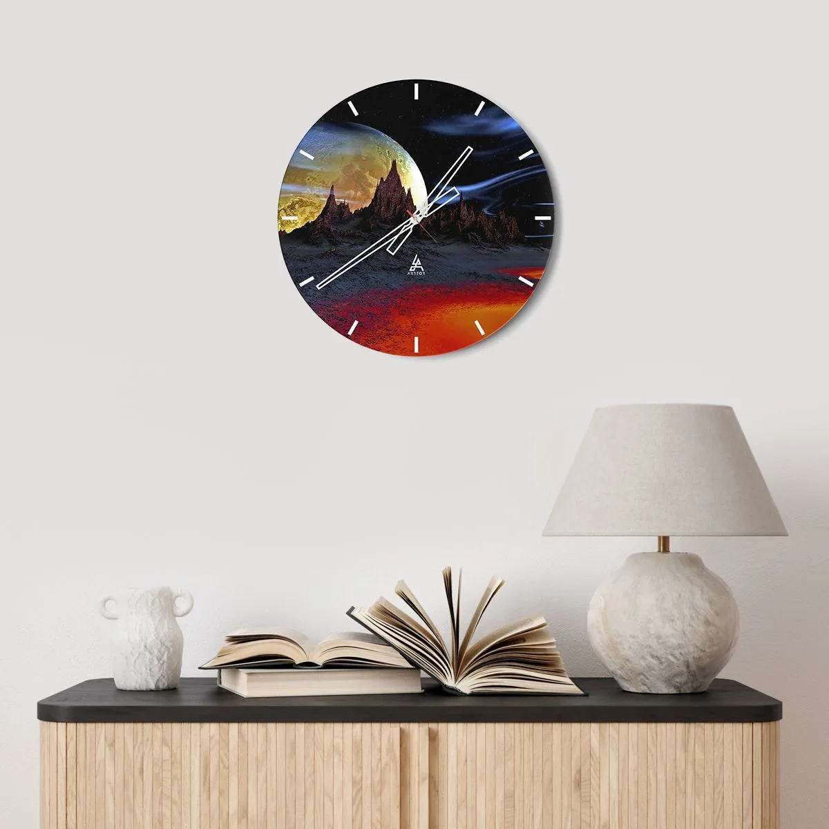 Wanduhr - Glasuhr - Landschaft eines fremden Planeten mit Mond und roter Erde - 30x30cm - Unbekannte Welt - Moderne Wanddekoration für Wohnzimmer, Küche und Schlafzimmer ARTTOR