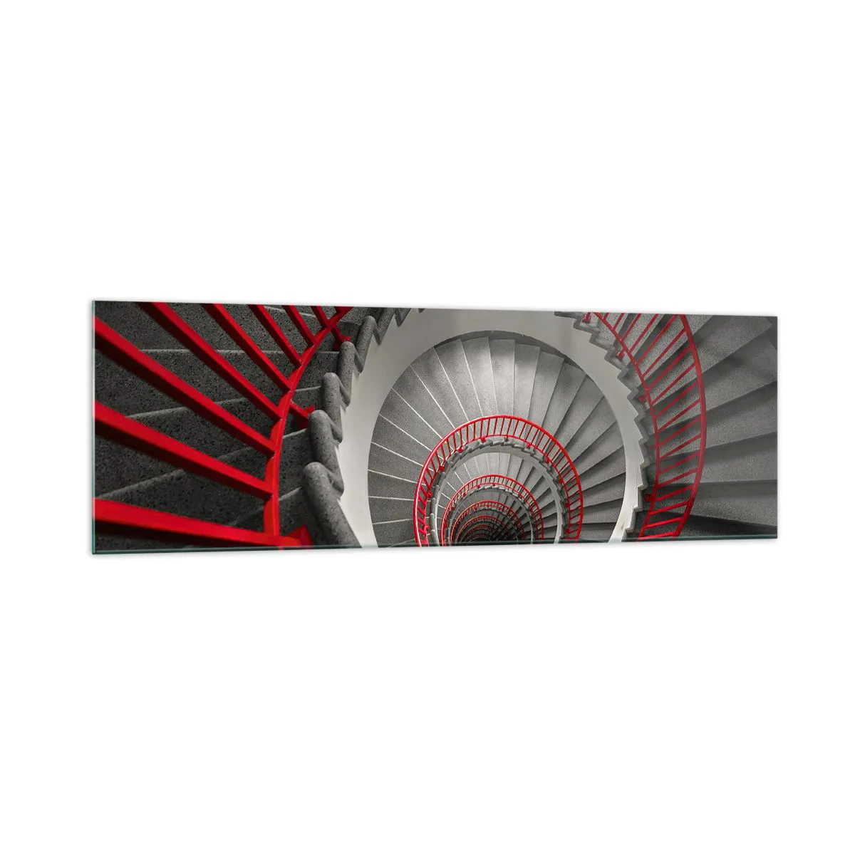 Glasbild - Bild auf glas - Wendeltreppe mit roten Handläufen in dynamischer Perspektive - 160x50cm - Architekturspaß - Moderne Wanddekoration für Wohnzimmer und Schlafzimmer ARTTOR
