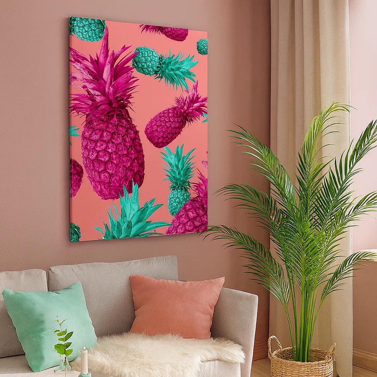 Bild auf Leinwand - Leinwandbild - Exotische Ananas in Pink und Türkis - 50x70cm - Freiheit ist süß - Moderne Wanddekoration für Wohnzimmer und Schlafzimmer ARTTOR