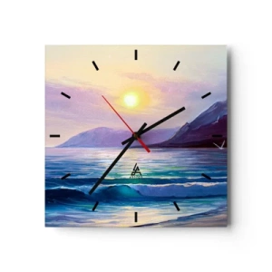Wanduhr - Glasuhr - Eine malerische Meereslandschaft bei Sonnenuntergang mit Wellen und Bergen - 30x30cm - Wasser- und Luftkristall - Moderne Wanddekoration für Wohnzimmer und Schlafzimmer ARTTOR