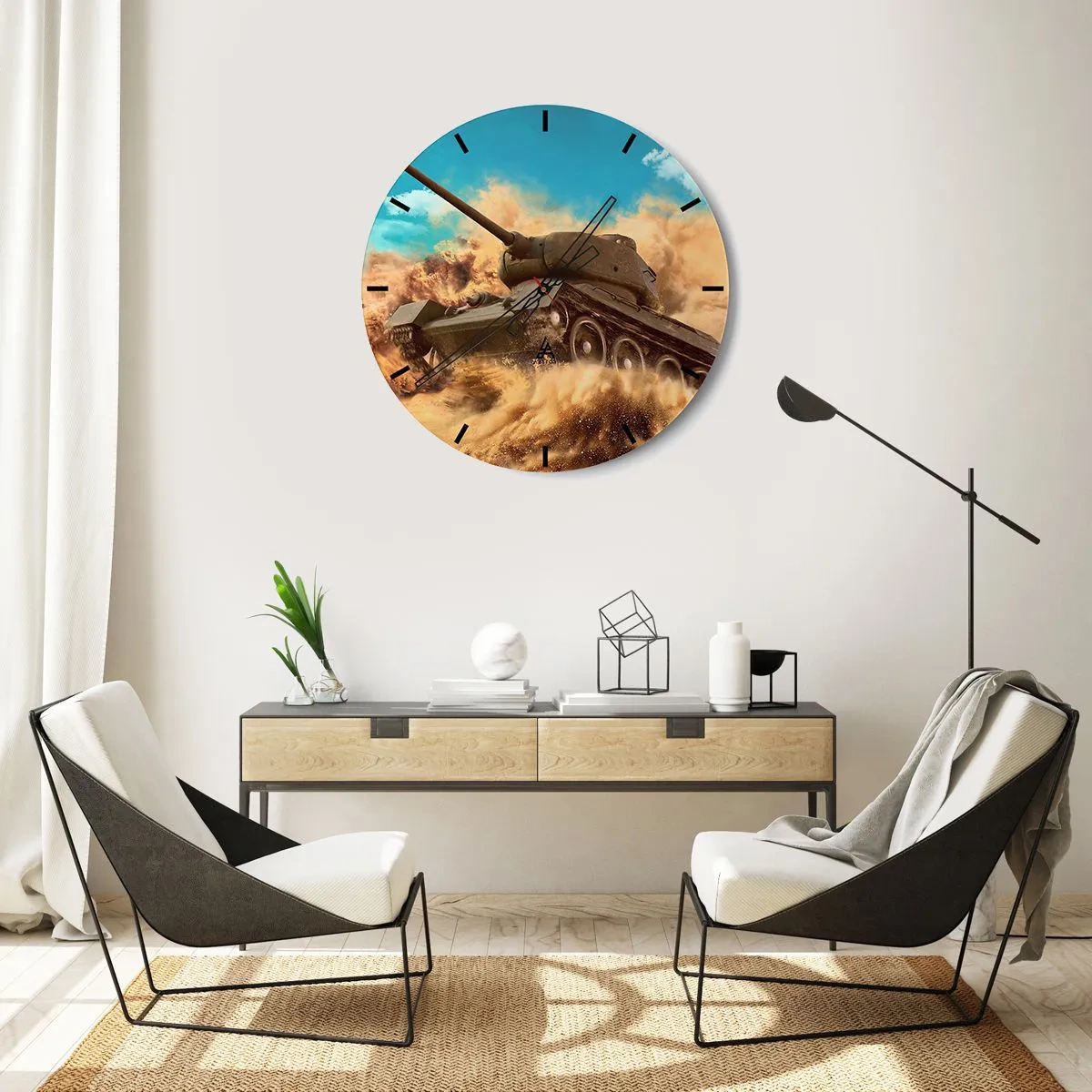 Wanduhr - Glasuhr - Dynamische Szene eines Panzers, der im Einsatz die Wüste durchquert - 30x30cm - Nicht zu besiegen - Moderne Wanddekoration für Wohnzimmer, Küche und Schlafzimmer ARTTOR