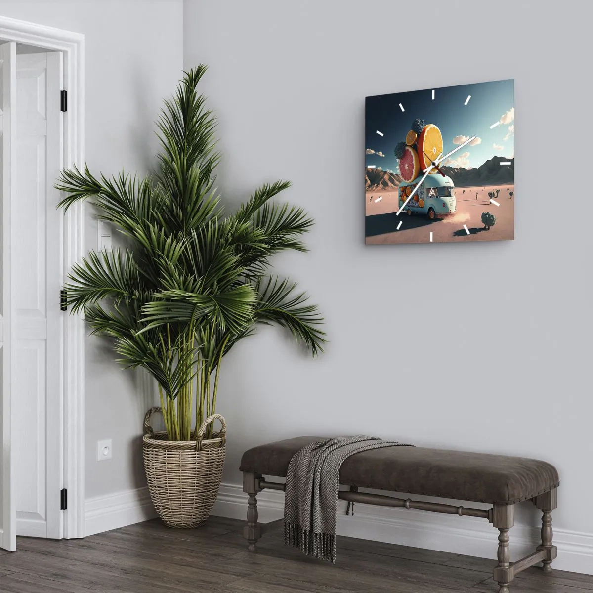 Wanduhr - Glasuhr - Obstwagen in einer Wüstenlandschaft - 30x30cm - Geschmack von Urlaub - Moderne Wanddekoration für Wohnzimmer und Schlafzimmer ARTTOR
