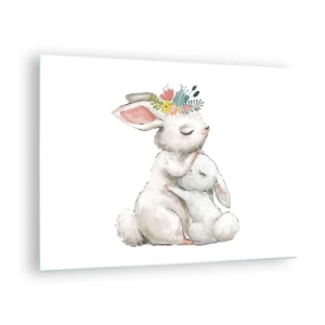 Glasbild - Bild auf glas - Zwei kuschelige Hasen in Pastellfarben - 70x50cm - Bei Mama ist's am schönsten - Moderne Wanddekoration für Wohnzimmer und Schlafzimmer ARTTOR