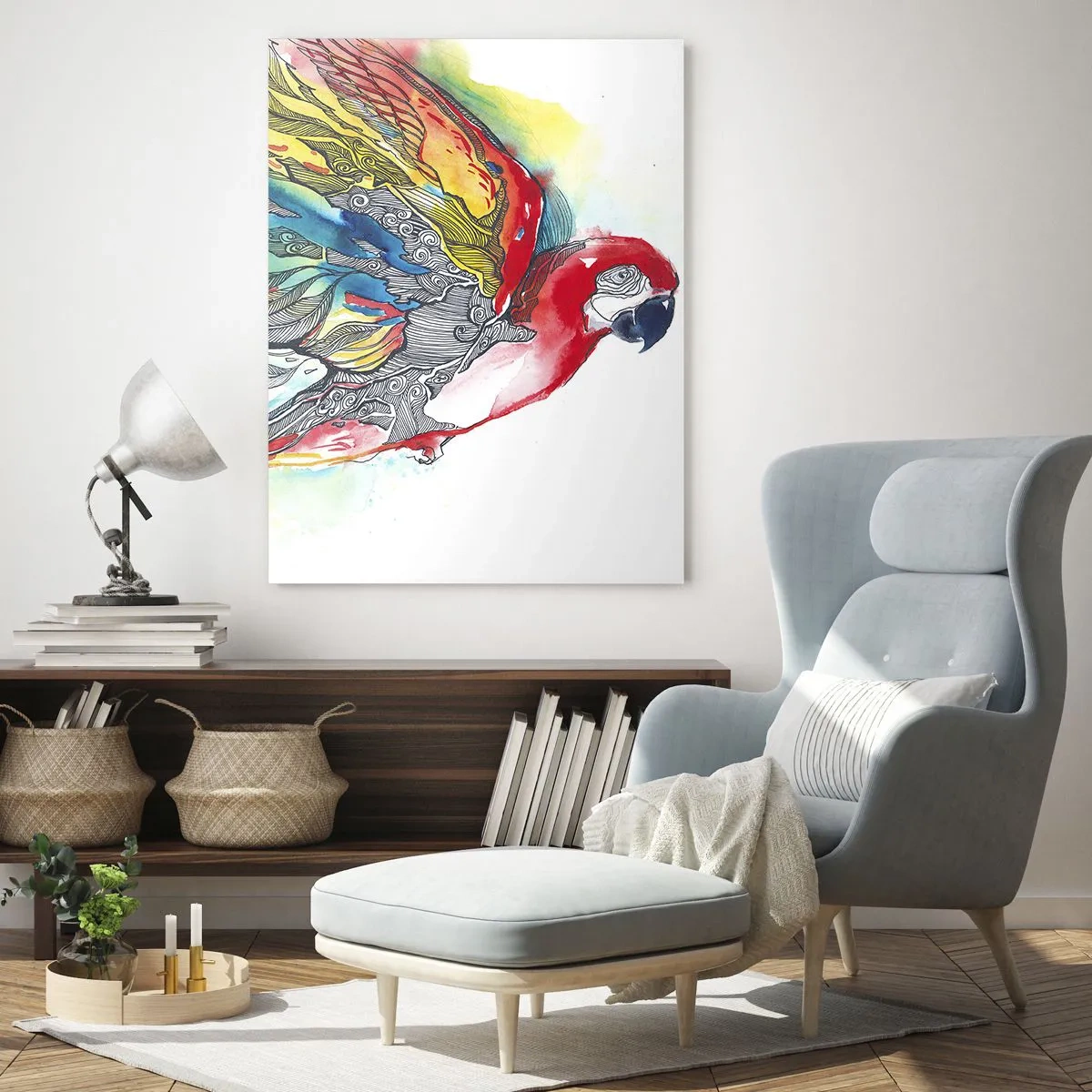 Glasbild - Bild auf glas - Bunter Papagei mit künstlerischen Flügeln und Details - 50x70cm - Leben Sie bunt - Moderne Wanddekoration für Wohnzimmer und Schlafzimmer ARTTOR
