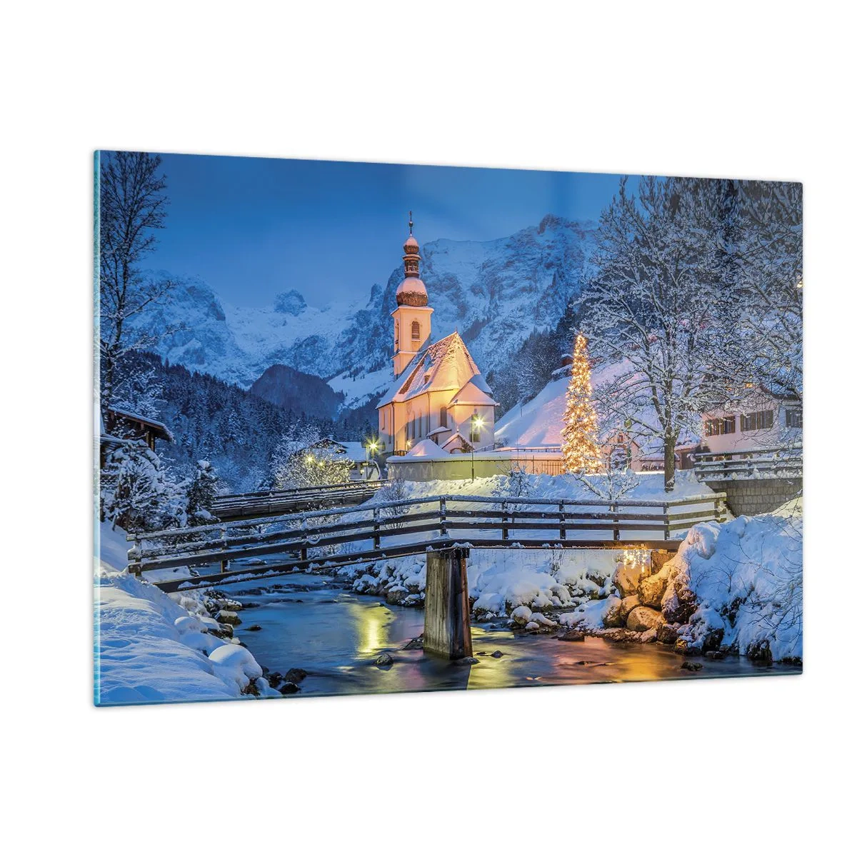 Glasbild - Bild auf glas - Weihnachtslandschaft in winterlicher Kulisse - 120x80cm - Weihnachtsgeist - Moderne Wanddekoration für Wohnzimmer und Schlafzimmer ARTTOR