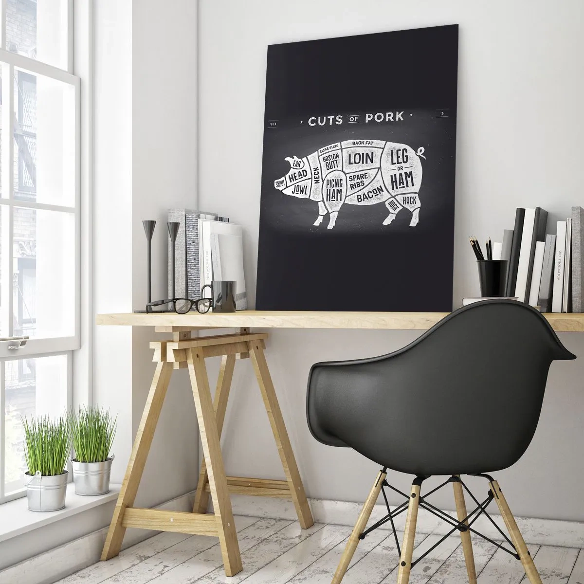 Glasbild - Bild auf glas - Diagramm von Schweinefleischstücken auf einer schwarzen Tafel - 50x70cm - Metzger Grundierung - Moderne Wanddekoration für Wohnzimmer und Schlafzimmer ARTTOR