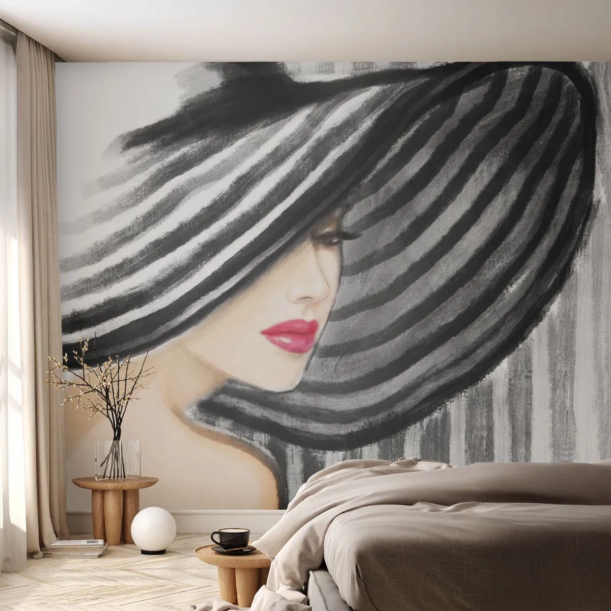 Fototapete Premium Sand - Stilvolle Frau mit breitkrempigem Hut in Schwarz und Weiß - 100x70cm - Wo soll ich dich finden? - Moderne Wanddekoration für Wohnzimmer und Schlafzimmer ARTTOR