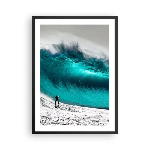 Poster in einem schwarzem Rahmen - Ein Surfer vor einer riesigen türkisfarbenen Welle. - 50x70cm - Herausforderung angenommen - Moderne Wanddekoration für Wohnzimmer und Schlafzimmer ARTTOR