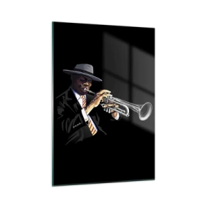 Glasbild - Bild auf glas - Ein schwarzer Musiker mit Trompete und Hut auf schwarzem Hintergrund - 50x70cm - Charme der alten Schule - Moderne Wanddekoration für Wohnzimmer und Schlafzimmer ARTTOR