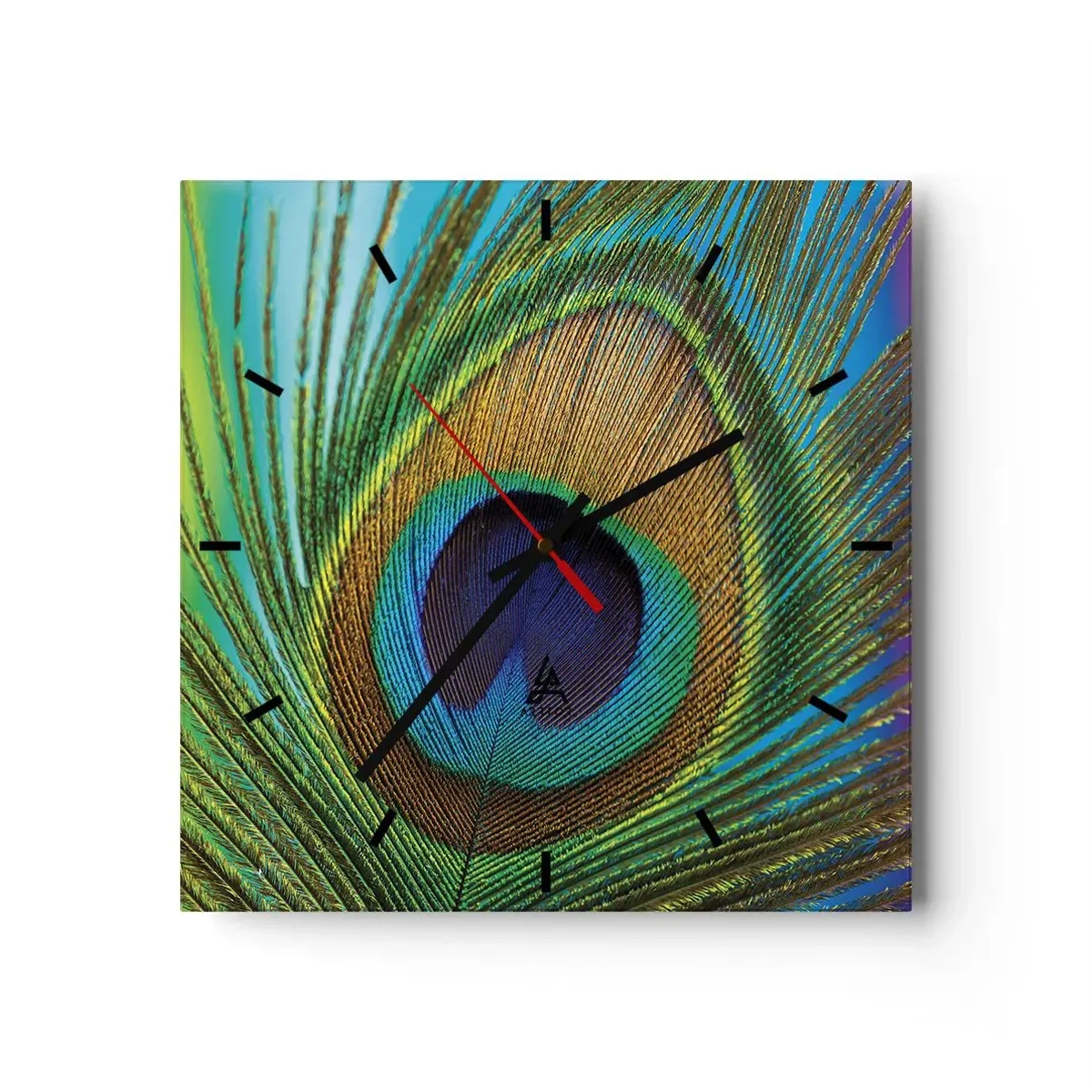 Wanduhr - Glasuhr - Nahaufnahme einer Pfauenfeder mit lebendigen Farben - 30x30cm - Auge in Auge - Moderne Wanddekoration für Wohnzimmer und Schlafzimmer ARTTOR