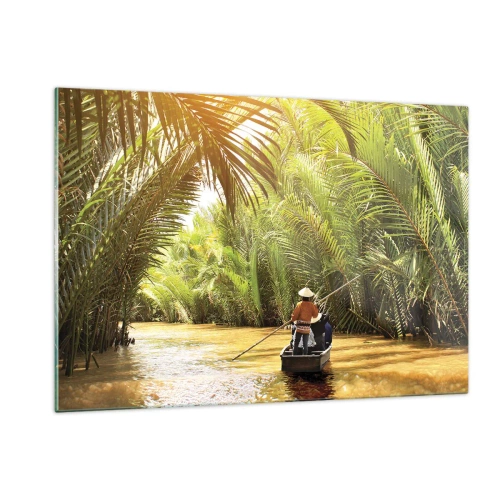 Glasbild - Bild auf glas - Ein Boot mit einem Ruderer fährt durch eine palmengesäumte Schlucht - 120x80cm - Eine Palmenschlucht entlang - Moderne Wanddekoration für Wohnzimmer und Schlafzimmer ARTTOR